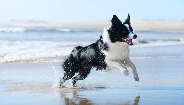 Perro border collie corriendo por la orilla del mar en una playa con olas suaves y reflejo sobre la arena
