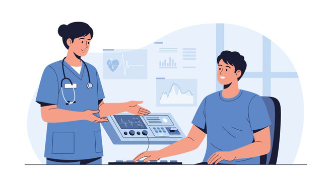 Doctor checks patient's heart with ECG machine in modern clinic
