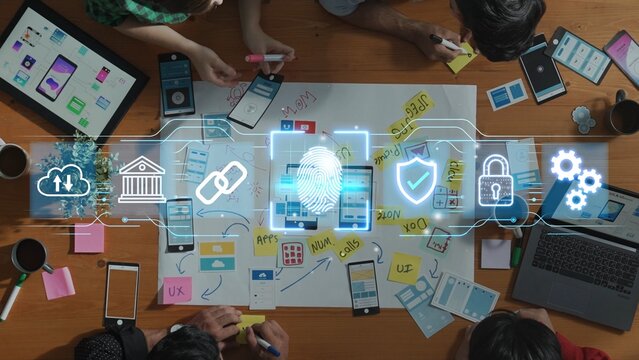 Collaborative teamwork for mobile application development featuring digital security concepts with focus on user interface and programming ideas. Entropy.