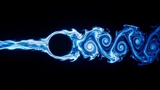 流体力学における層流からカルマン渦列への変化の抽象的表現。円柱を通過する青と白の流体ループ映像