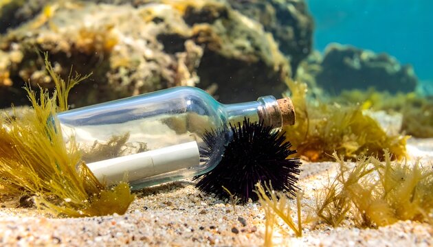 Botella de cristal abandonada bajo el mar junto a un erizo marino y rocas en una escena de contaminaci&oacute;n oce&aacute;nica