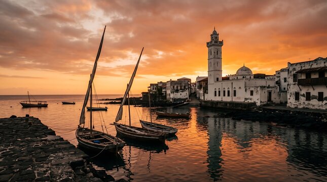 Traditional dhow boats moored in Moroni harbor with Friday Mosque under orange sunset sky