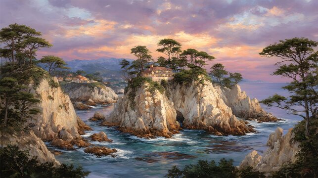 with crashing waves and golden sunset light, realistic detail, dynamic motion