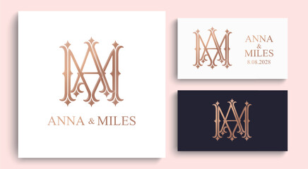 Fototapeta premium AM MA initials logo designed in a luxury wedding style. Romantic monogram for invitations, wedding stationery and family celebrations.