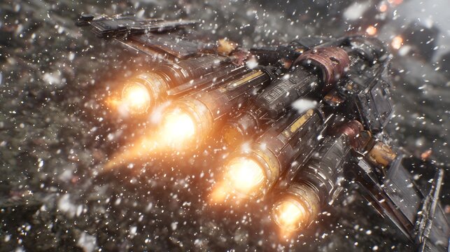 through asteroid field with glowing engines, cinematic action scene