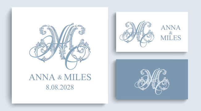 AM MA monogram with decorative ornamental initials. Elegant wedding logo for bridal stationery, invitations and celebration branding.