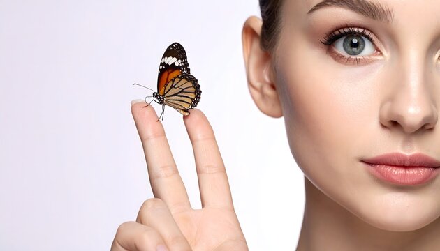 Retrato de mujer joven con mariposa posada en los dedos sobre fondo claro en una composici&oacute;n delicada y natural