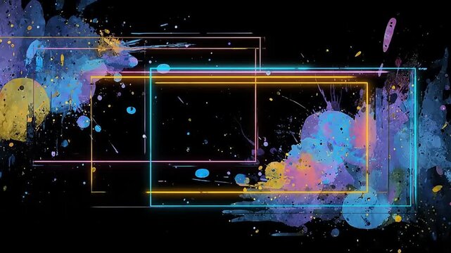 Abstract colorful ink splashes with geometric borders on black background