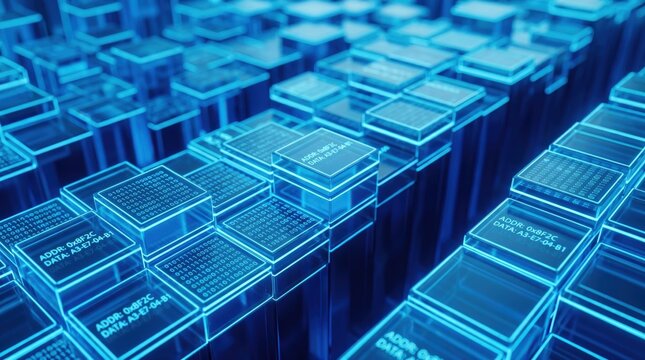 Abstract blue digital data blocks with binary code and memory addresses, futuristic database storage concept, big data processing, artificial intelligence information flow