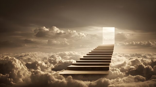 staircase leading into glowing sky portal, soft clouds, dreamy lighting, cinematic perspective