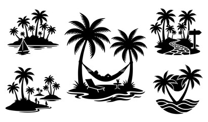 Fototapeta premium Tropical Island Silhouette Collection Palm Trees Hammock Beach Vector Set