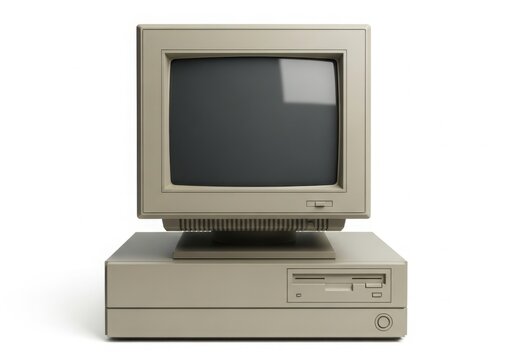 Vintage crt computer monitor with floppy drive isolated on white background
