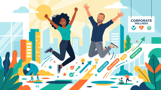 Happy coworkers jumping in office space.