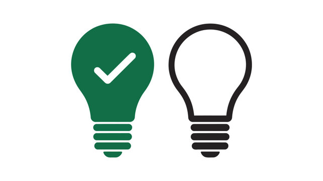 Lightbulb and green checkmark icon set on striped base design, isolated on white background for innovation, validation, and decision concepts.