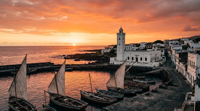 Wide angle golden hour landscape of Moroni harbor with dhow boats and white Friday Mosque