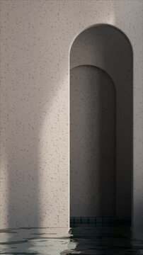 Vertical Looping Video of Minimalist Arch Niche with Rippling Water and Tiles