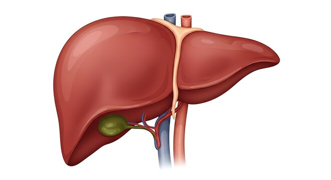 Red liver anatomy diagram with gallbladder and bile duct.