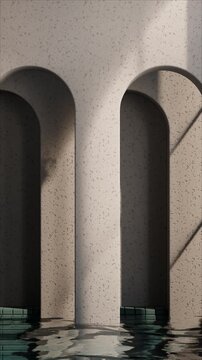 Vertical Looping Video of Minimalist Arch Niche with Rippling Water and Tiles