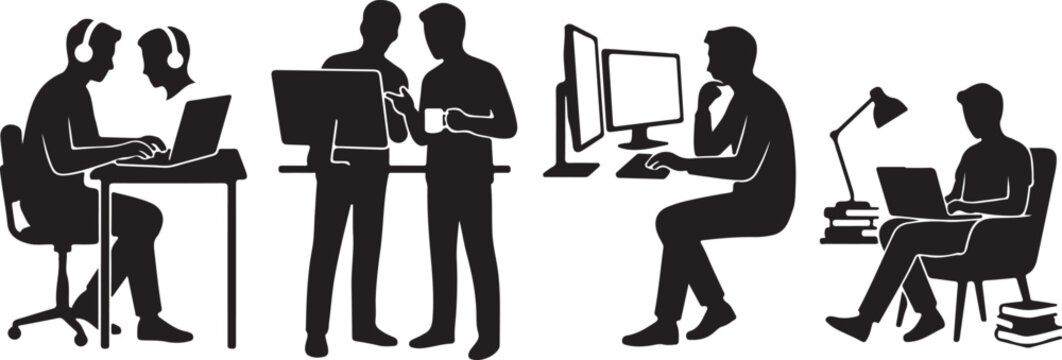 four software developer silhouettes black vector set