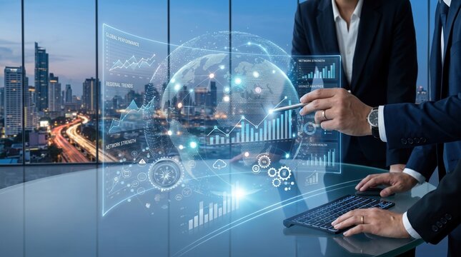 Business team collaborating with futuristic holographic globe and performance graphs, strategic planning meeting, global network strength analysis, city skyline background