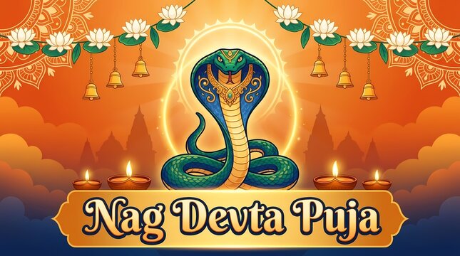 Nag devta puja banner with cobra snake, lotus flowers, hanging bells, and oil lamps for hindu festival nag panchami
