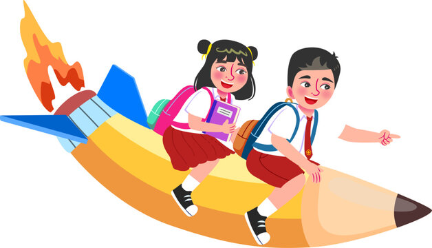 Illustration of children riding pencil rocket to school