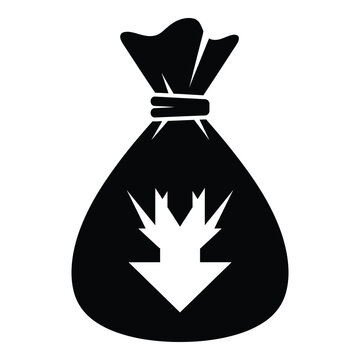 Black money bag with white downward arrow symbol  financial loss concept icon