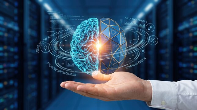 Hand holding futuristic brain split into biological and geometric AI parts, cognitive architecture, human-AI fusion concept, data synthesis in server room background