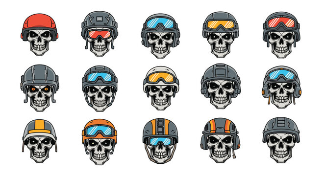 Extensive collection of human skulls wearing various tactical military helmets, goggles, and protective gear in a detailed graphic style.