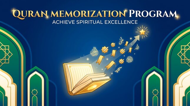 Quran memorization program banner with open holy book and islamic decorative elements