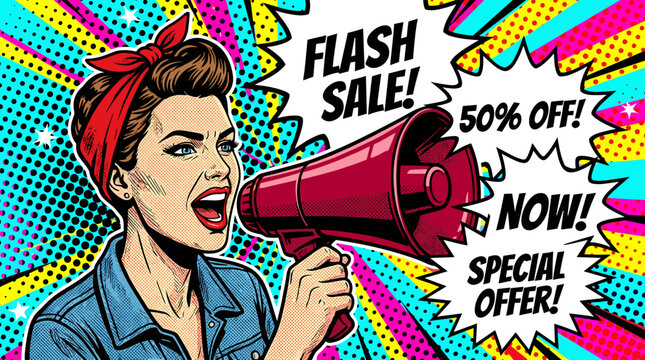 Rosie the Riveter Holding Megaphone Announcing Sale.