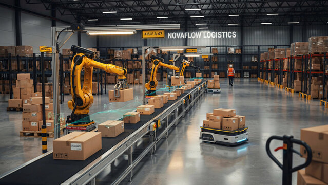 Automated warehouse logistics system with robotic arms and autonomous mobile robots sorting.