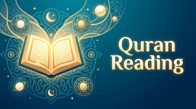 Open quran book with glowing light and celestial elements on a dark blue patterned background
