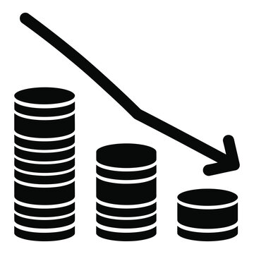 Decreasing coins stacks with downward arrow financial loss concept icon