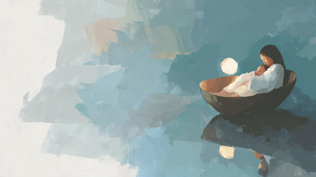 Oil painting of a mother and her sleeping baby in a cradle / ゆりかごの母親と眠る赤ちゃんの油彩イラスト