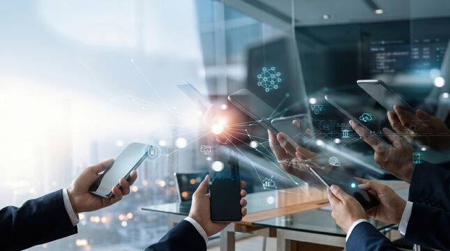 Business team holding smartphones connected by digital network lines, mobile connectivity, social media interaction, cloud computing, wireless technology, corporate collaboration