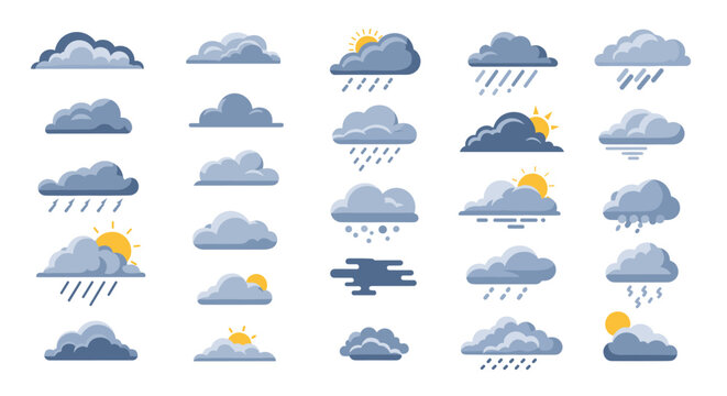 Comprehensive set of weather icons showing different sky conditions including sunny, cloudy, rain, snow, and thunderstorms for forecast apps.