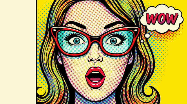 Surprised woman with red glasses.