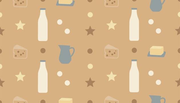 Milk bottles, cheese slices, and butter blocks seamless pattern on a tan background.