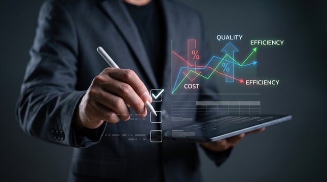 Businessman holding tablet displaying analytics dashboard with quality efficiency and cost reduction line charts indicating successful corporate strategy and performance