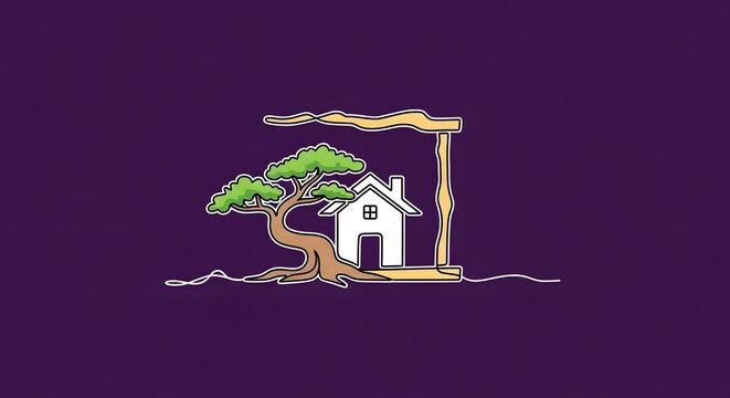 Cartoon house and tree uprooted on purple background