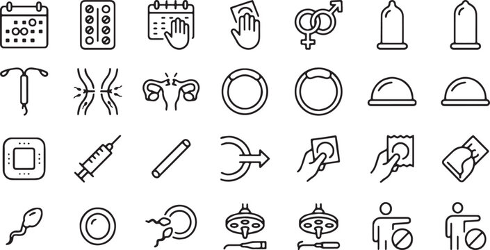 Contraception Methods, Birth Control, and Family Planning Vector Line Icons Set (Includes Condom, Birth Control Pills, IUD, Contraceptive Patch, Injection, and Vasectomy Concepts)