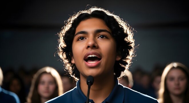 Young Student Giving Public Speech into Microphone in front of Audience