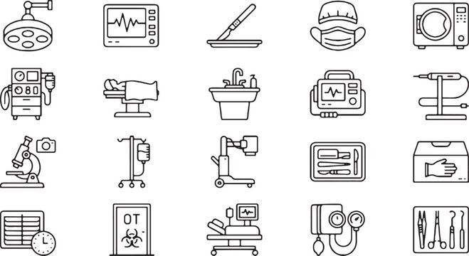 Surgery Room Equipment, Operating Theater Medical Tools, and Hospital Surgical Procedures Vector Line Icons Set (Includes Scalpel, Vital Signs Monitor, Anesthesia Machine, and Surgical Instruments)