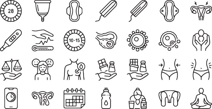Menstrual Cycle, Female Hygiene Products, and PMS Symptoms Vector Line Icons Set (Includes Menstrual Cup, Tampon, Sanitary Pad, Ovulation, and Women Healthcare Concepts)