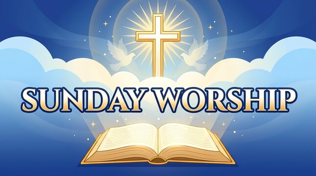 Sunday worship background with a glowing cross, doves, and an open bible on a blue sky with clouds