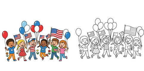 Fototapeta premium Happy Diverse Kids with American Flags and Balloons Coloring Page, Patriotic Independence Day Parade Illustration for Children with Outline Version.
