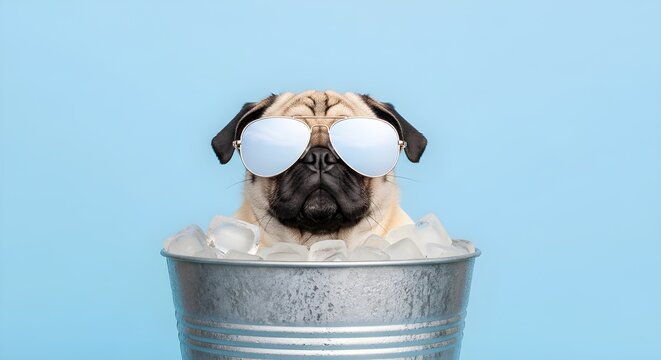 Cute Pug Wearing Sunglasses Relaxing in an Ice Bucket