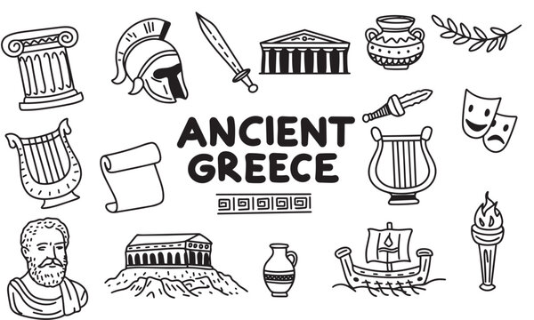 Ancient Greece history doodle vector icon set. Hand drawn mythology, antique culture, architecture, column, warrior, and philosopher outline elements