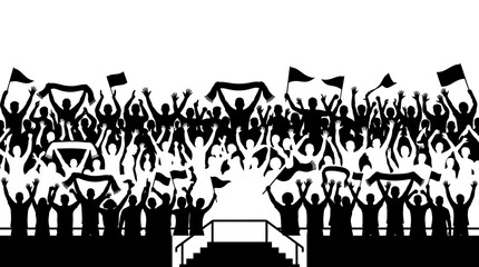 Obraz premium Crowd Cheering at Event, Silhouette Fans with Flags and Banners